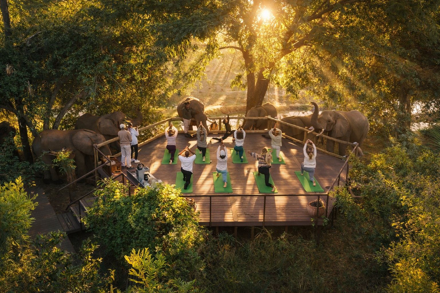 Group yoga class near elephants in Moremi
