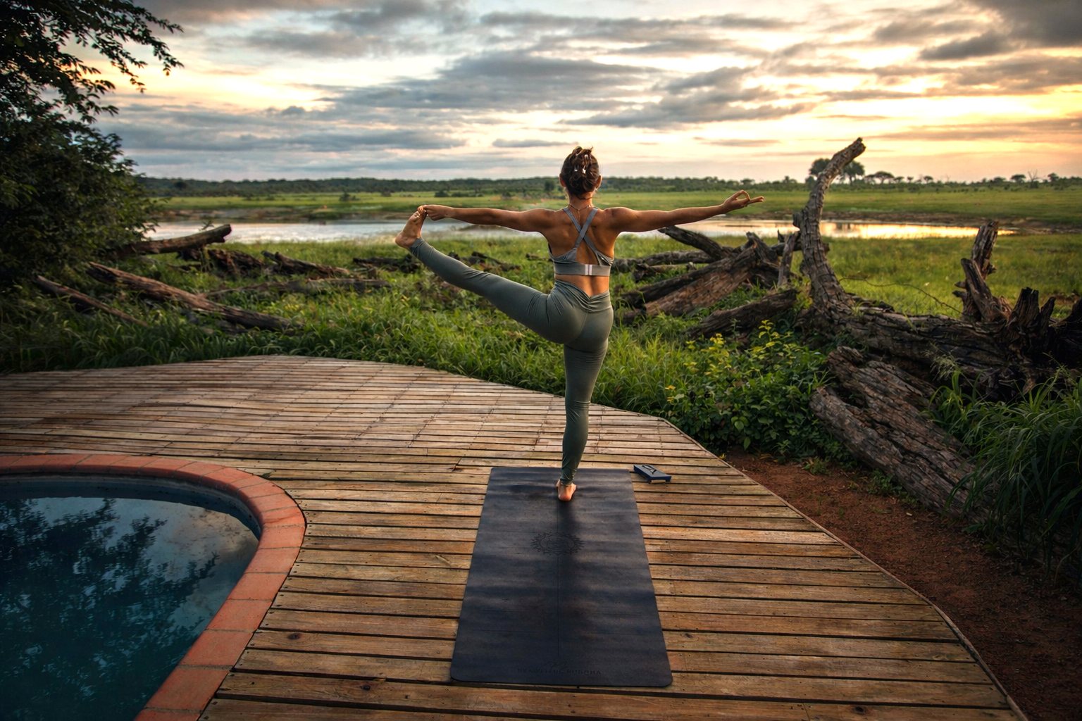 Lodge deck overlooking the Botswana wilderness at sunset