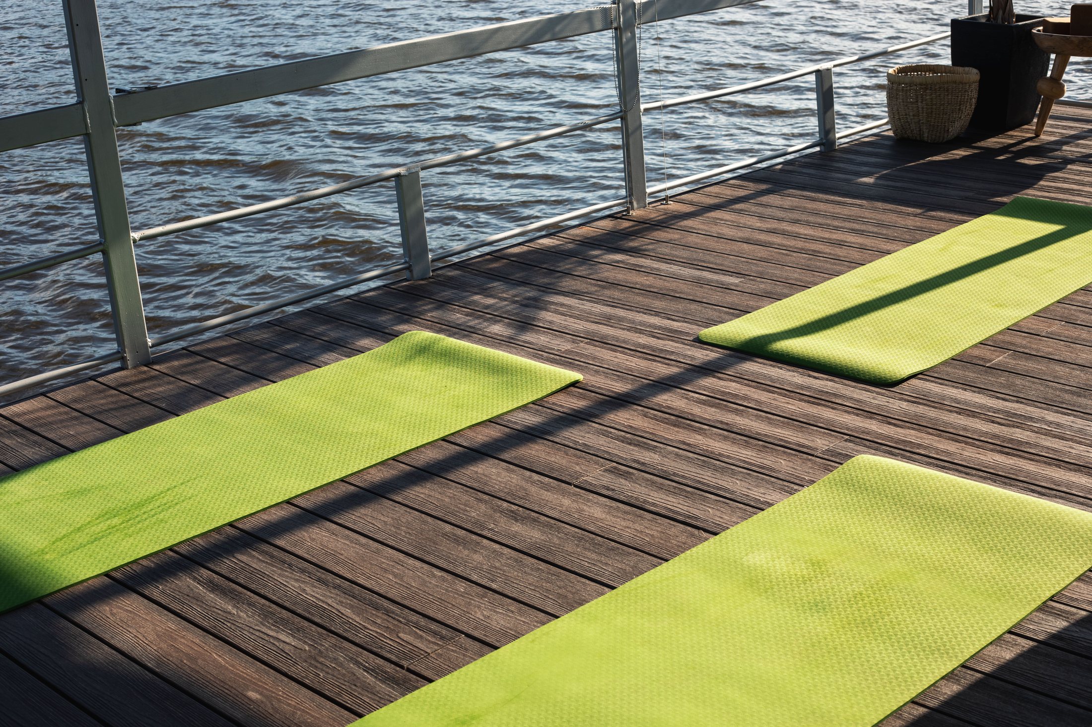 Yoga mats laid out on the Zambezi river deck